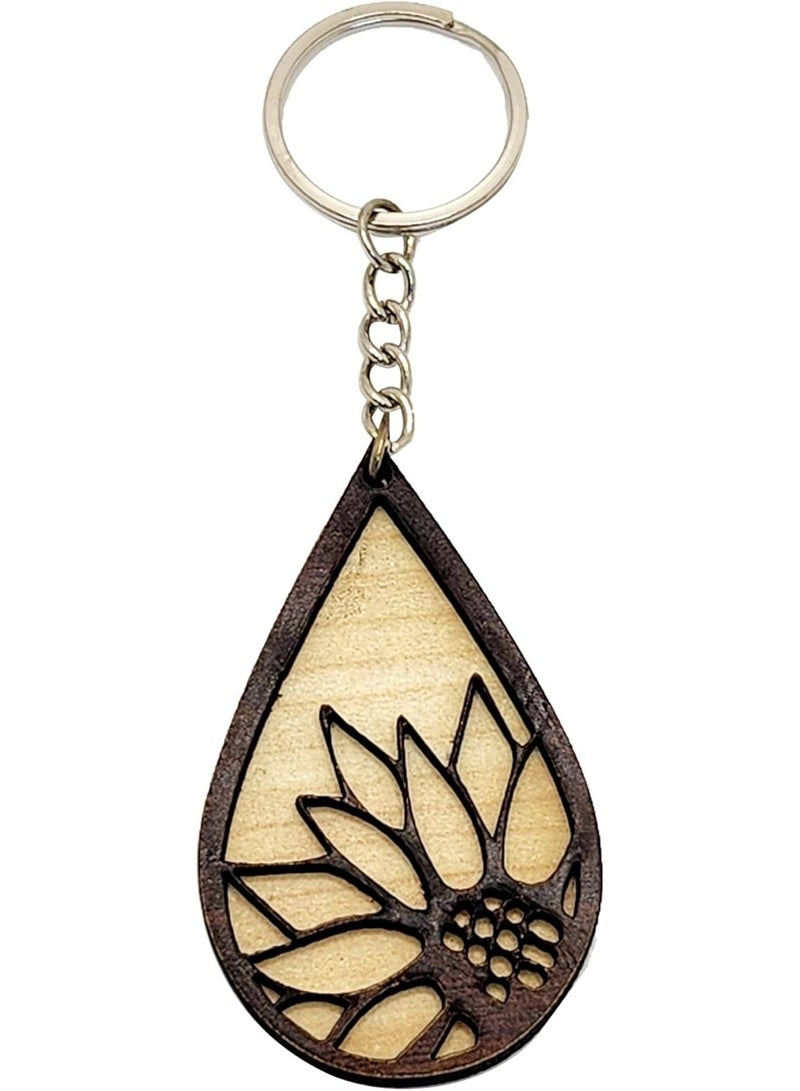 Kipfy Wooden Floral Keychain – Handmade Teardrop Flower Design Key Ring, Lightweight Wooden Key Holder - Image 1
